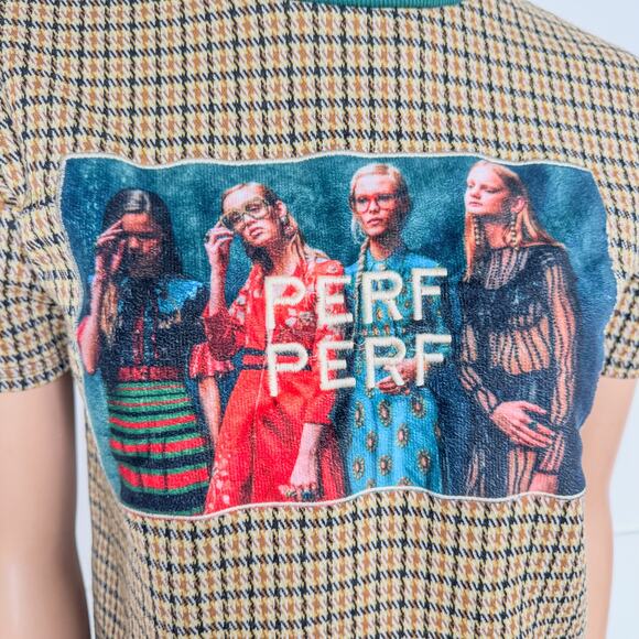 Y2K, Perf Perf, Houndstooth Mustard Yellow & Green Tee, Women’s Size Medium - Picture 3 of 8